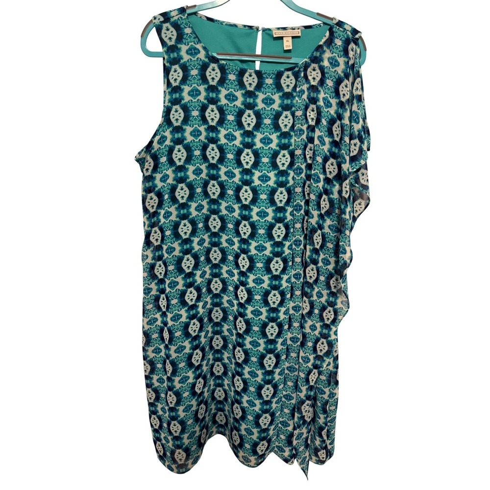 Dana Buchman Women's XL Teal Blueโ Geometric Print Sleeveless Ruffle Dress Lined